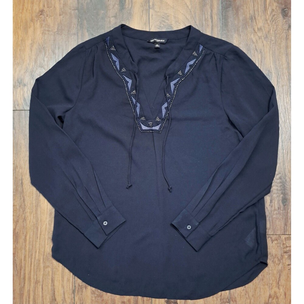 Banana Republic Chiffon Blouse Top Sz Med Lightweight Navy Sheer Boho Careerwear